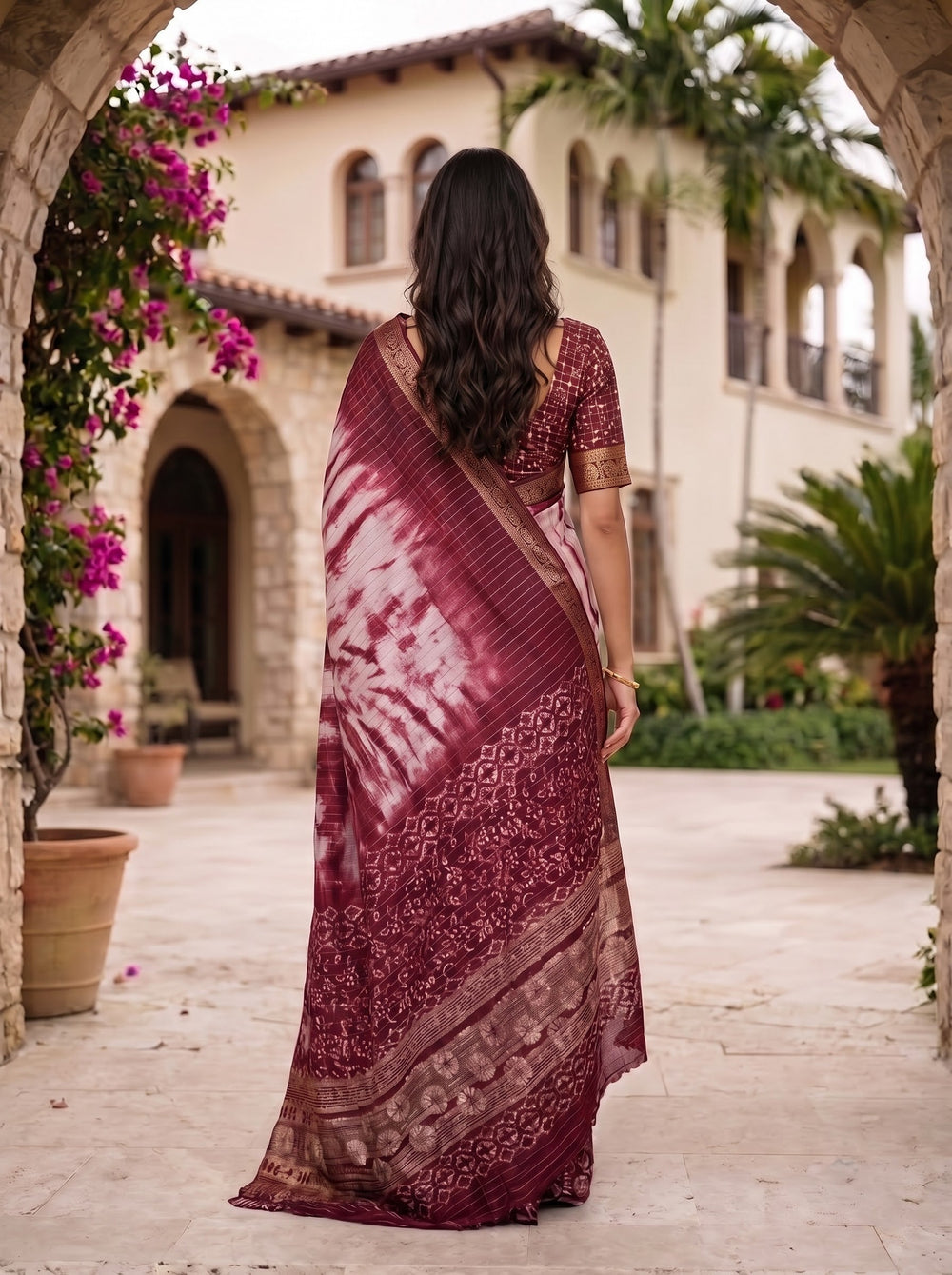 Chanderi Cotton Silk Maroon White Shibori Batik Border Saree with Zari Trim