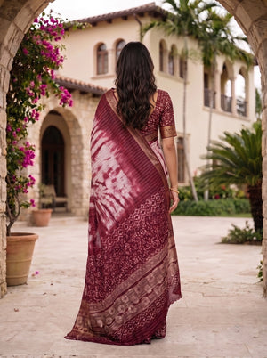 Chanderi Cotton Silk Maroon White Shibori Batik Border Saree with Zari Trim
