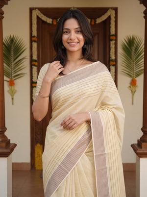 Tissue Cream Golden Checkered Brown Pallu Onam Kerala Saree