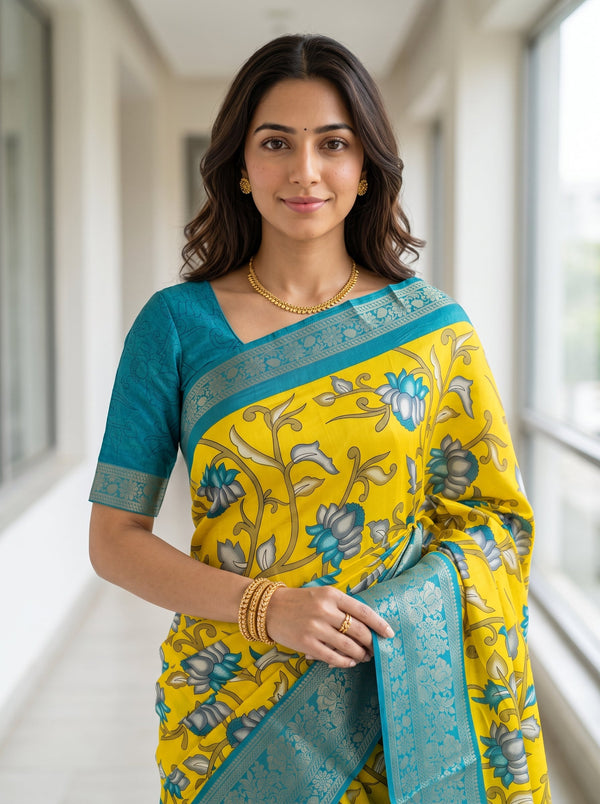 Synthetic Yellow Lotus Print Saree with Teal Silver Zari Pallu