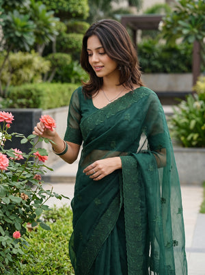 Organza Bottle Green Floral Butta Self Embroidered Border Saree