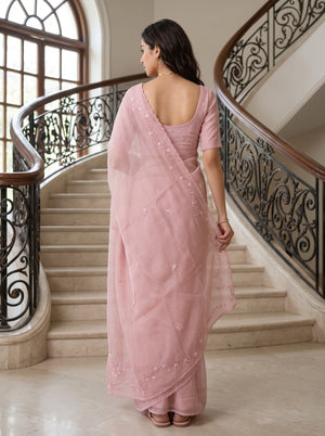 Organza Light Pink Floral Embroidered Saree