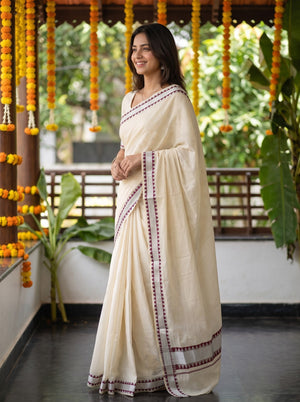 Cotton Cream Plain with Silver Zari Maroon Border Onam Special Kerala Kasavu Saree