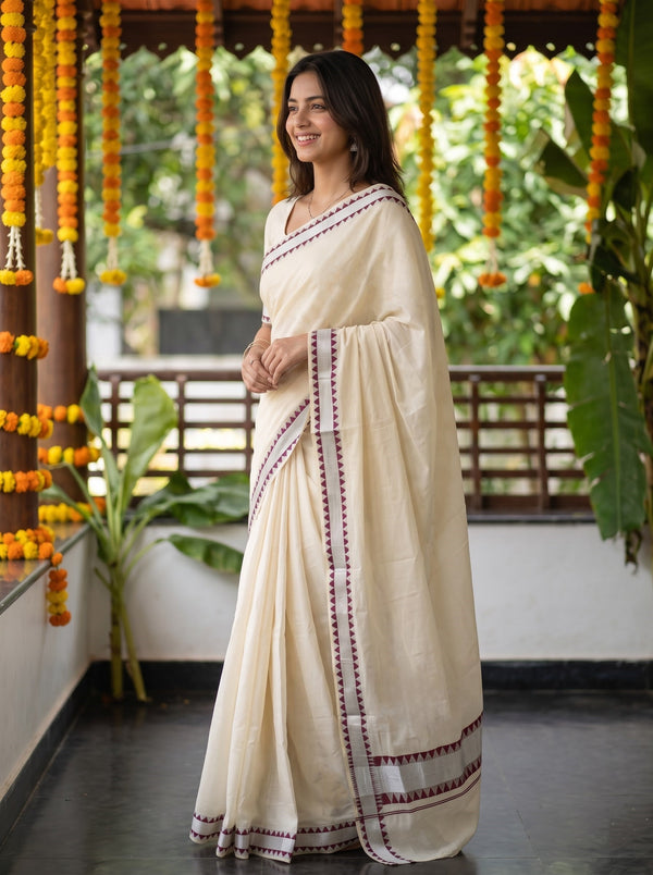 Cotton Cream Plain with Silver Zari Maroon Border Onam Special Kerala Kasavu Saree
