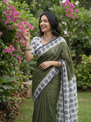 Cotton Olive Green White Mandala Dot Print Saree