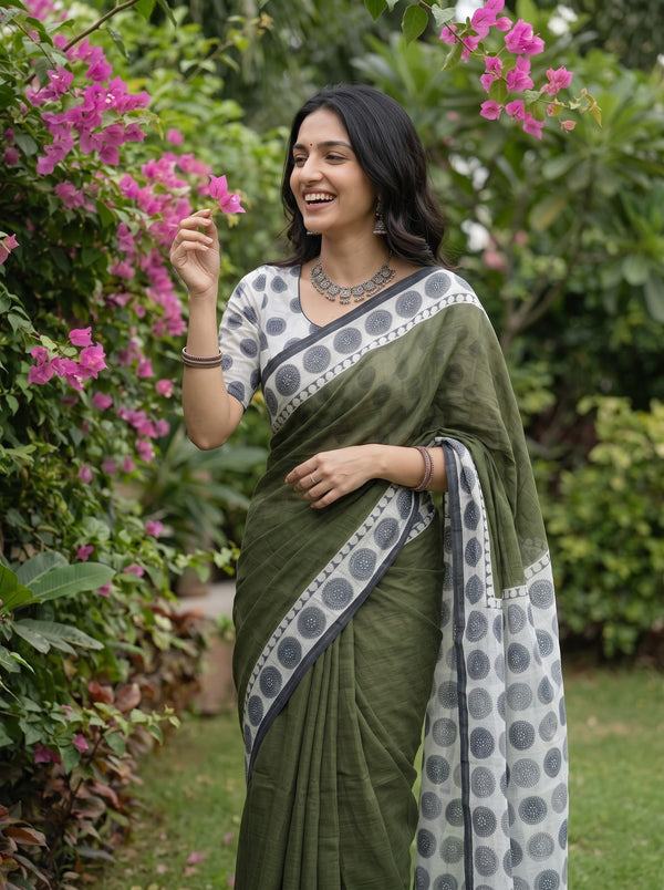 Cotton Olive Green White Mandala Dot Print Saree