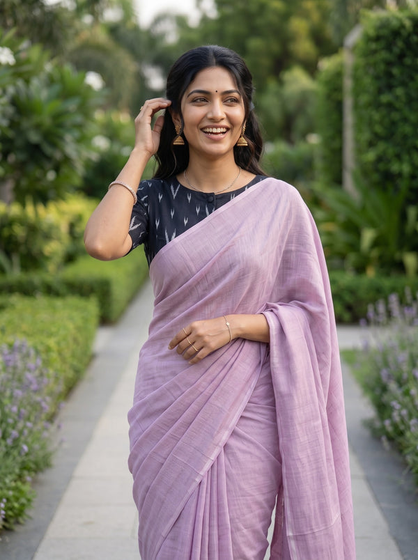 Cotton Mauve Pink Saree with White Tassels
