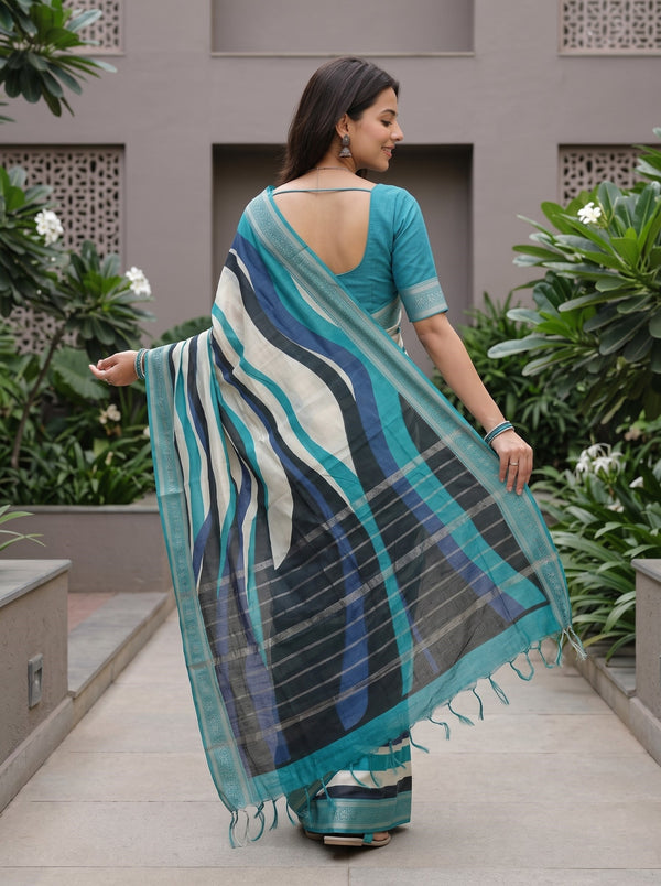 Pure Chanderi Teal Navy Abstract Wave Stripe Saree