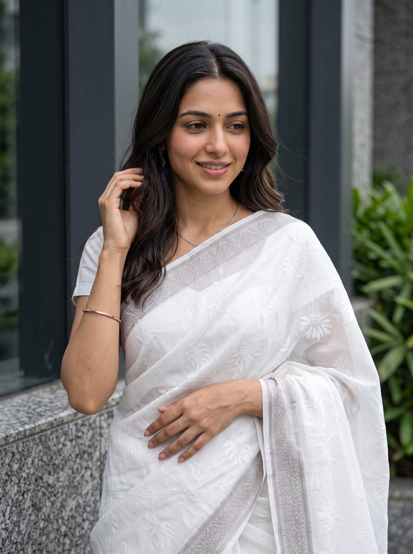 Cotton White Saree with Woven Floral Motifs and Beige Striped Pallu