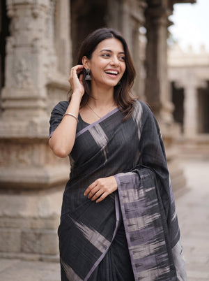 Matka Silk Black Silver Ikat Flame Weave Saree