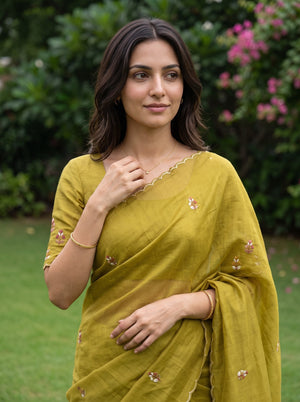 Chanderi Mehandi Green Bird Floral Panel Saree