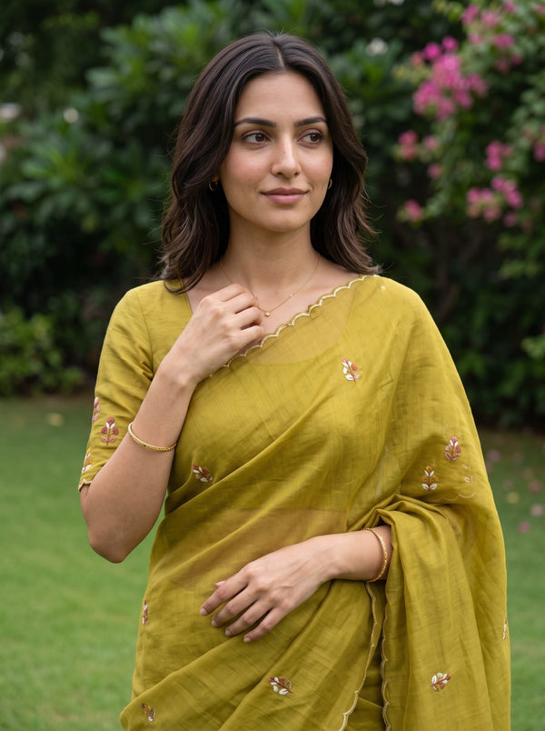 Chanderi Mehandi Green Bird Floral Panel Saree