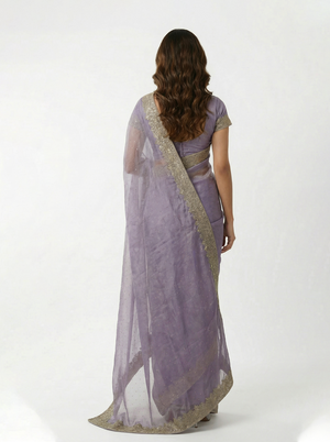Shimmer Organza Lavender Purple Stone Studded Saree with Zari Embroidered Border