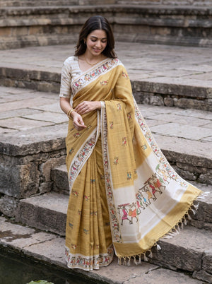 Semi Tussar Mustard Warli Tribal Print Saree