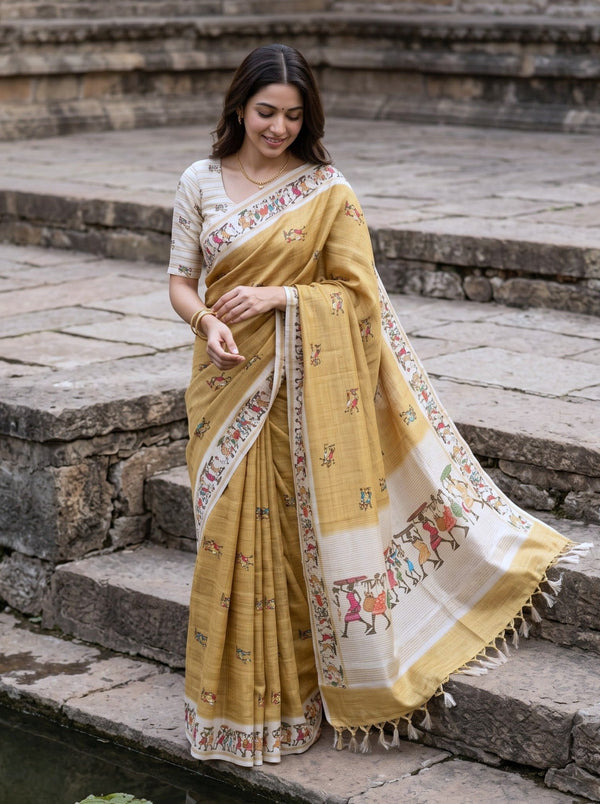 Semi Tussar Mustard Warli Tribal Print Saree
