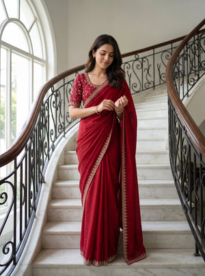 Chiffon Red Designer Saree with Scalloped Beaded Embroidery Border