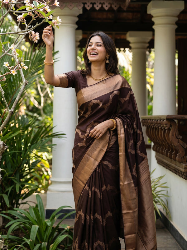Kanjivaram Silk Dark Brown Floral Wave Pattern Saree with Rose Gold Zari Border