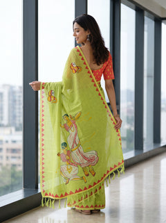 Cotton Lime Green Saree with Folk Dancer Print