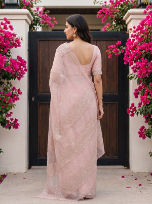Organza Blush Pink Saree with Sequin Border and Scalloped Edge