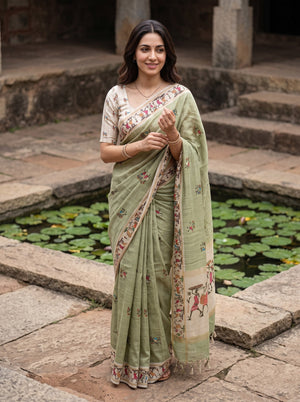 Semi Tussar Sage Green Warli Tribal Print Saree