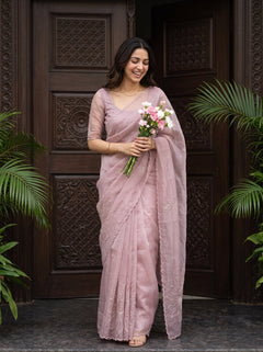 Organza Mauve Pink Sunflower Bead Sequin Cord Work Embroidered Pallu Saree