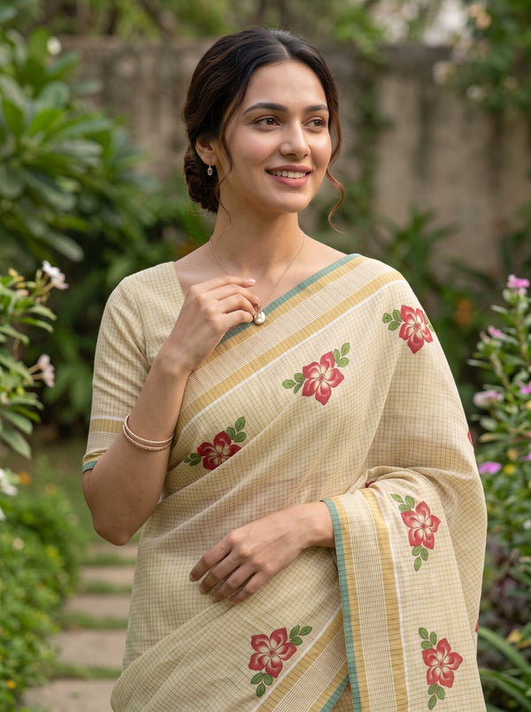 Tissue Cream Kerala Saree with Red Floral Print Pallu and Golden Zari Checks