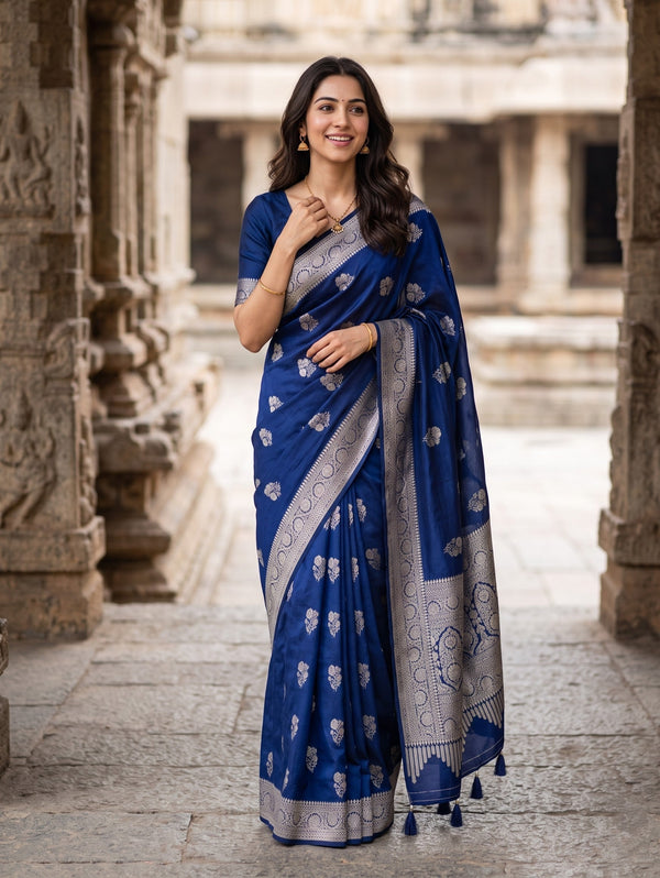 Banarasi Navy Blue Zari Floral Arch Pallu Saree