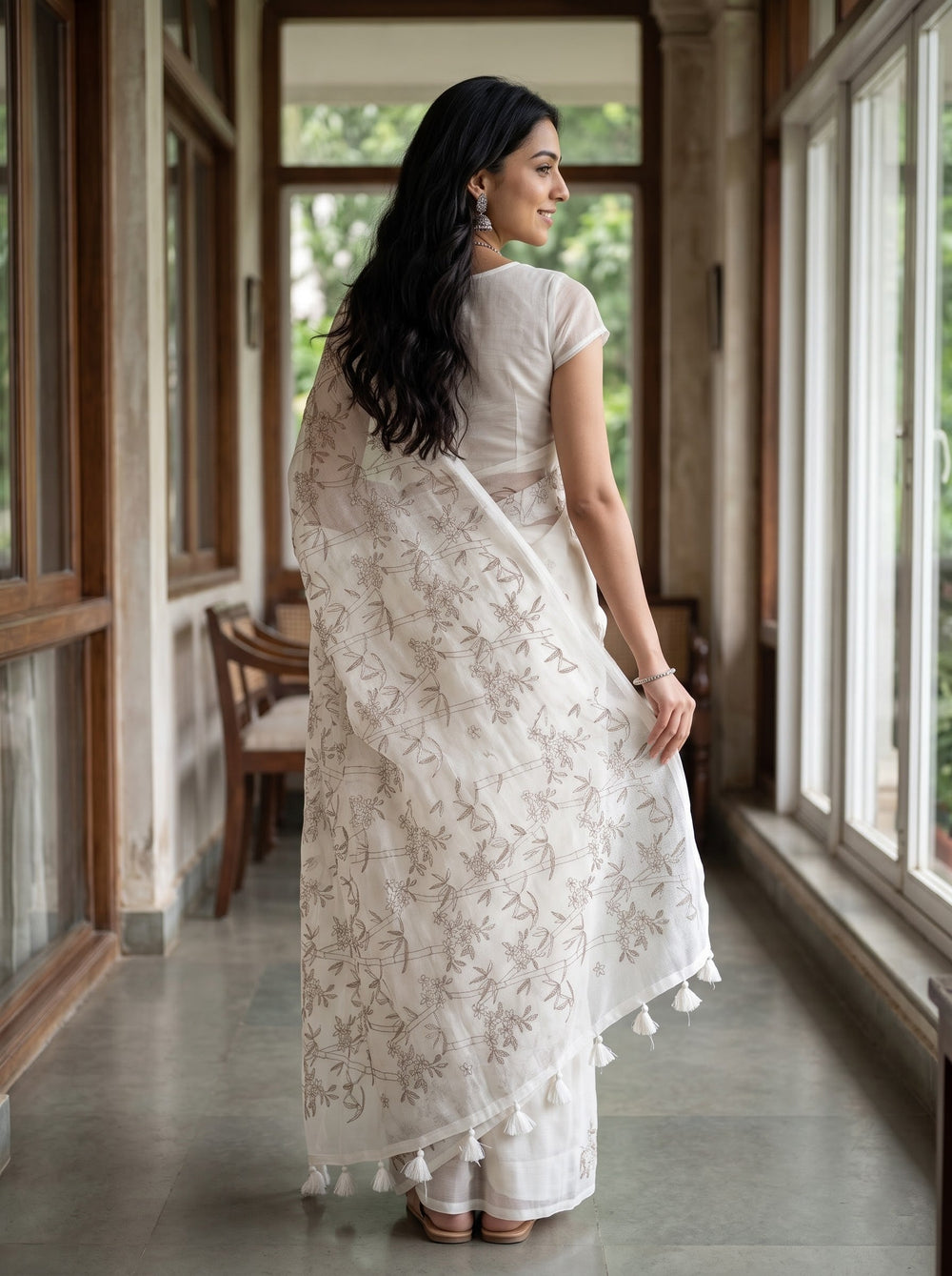 Net Kota Off-White Saree with Taupe Floral Vine Design