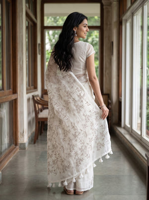 Net Kota Off-White Saree with Taupe Floral Vine Design