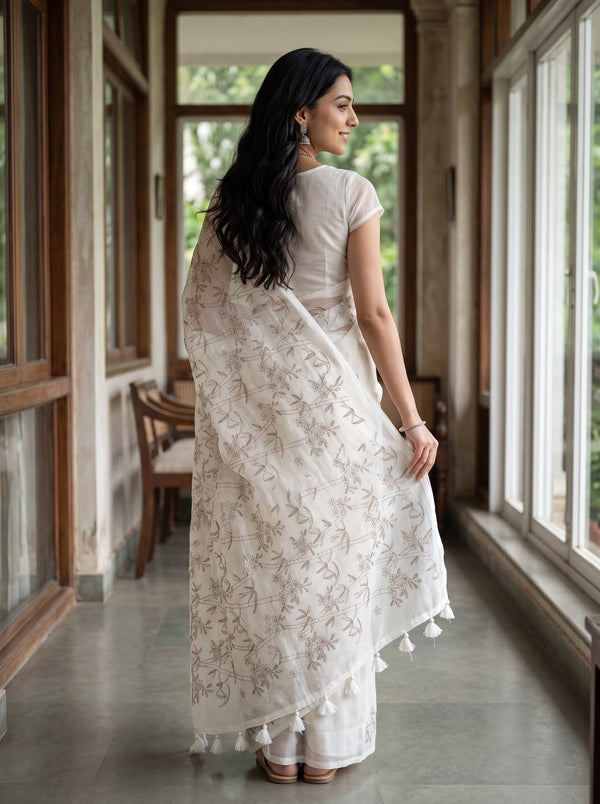Net Kota Off-White Saree with Taupe Floral Vine Design