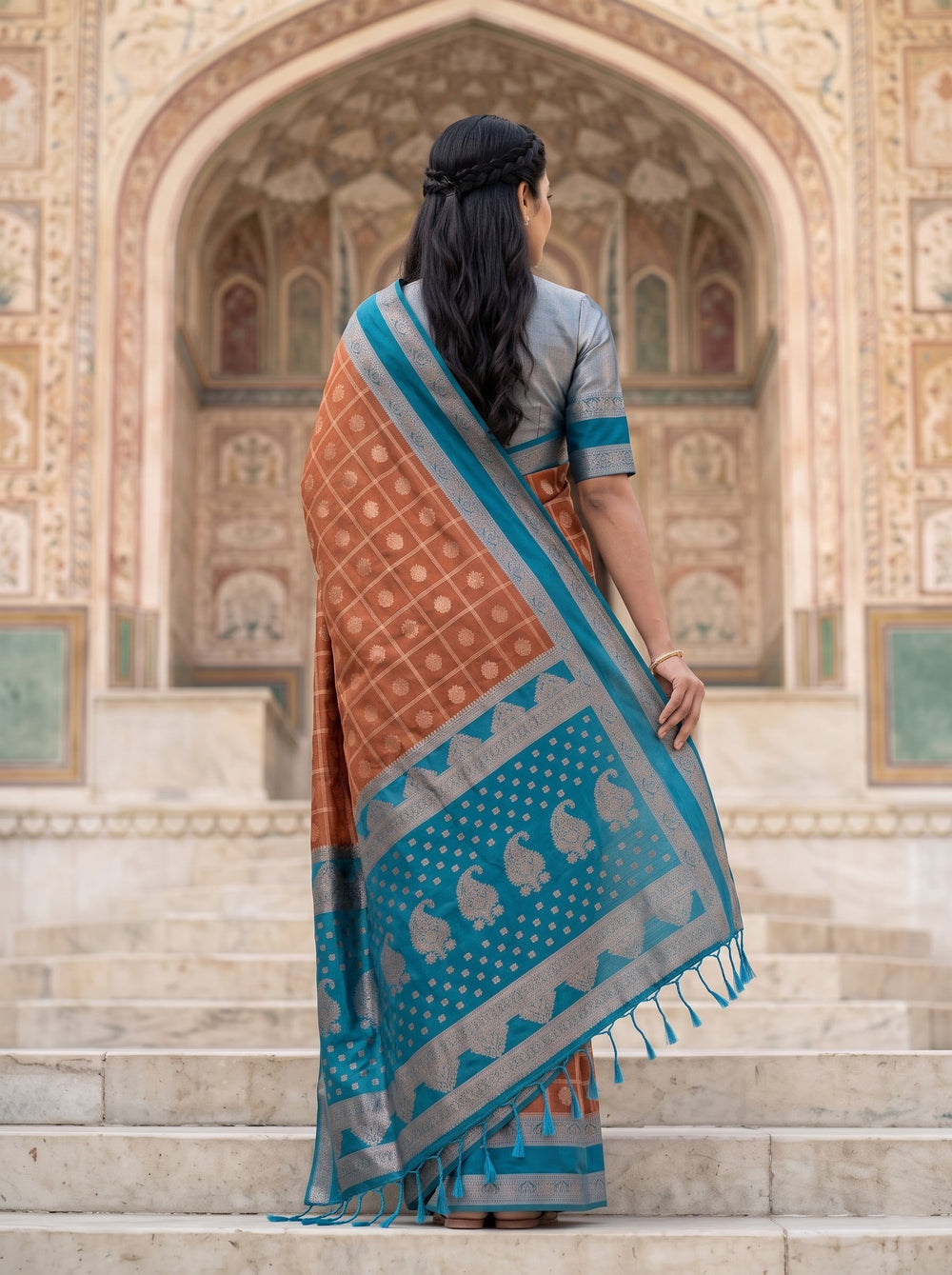 Semi Silk Burnt Orange Checkered Peacock Blue Paisley Saree