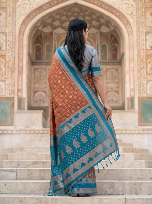 Semi Silk Burnt Orange Checkered Peacock Blue Paisley Saree