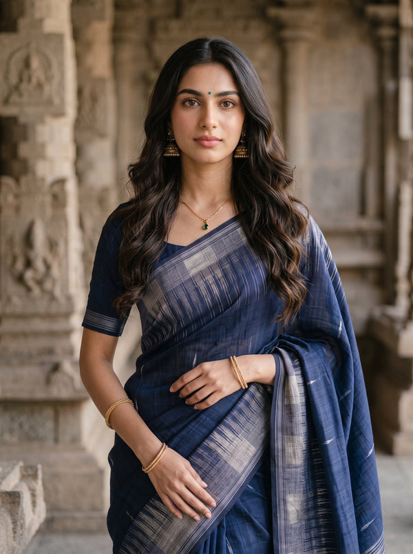 Matka Silk Navy Blue Zari Border Ikat Saree