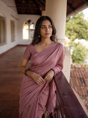 Tusser Silk Dusty Rose Pink Paisley Floral Embroidered Saree