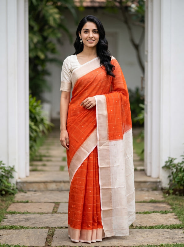 Chanderi Cotton Orange Saree with Cream Zari Checked Bord