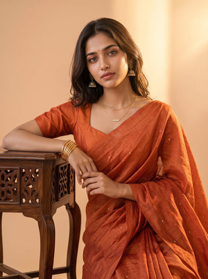 Tusser Silk Rust Orange Paisley Floral Embroidered Saree with Tassels