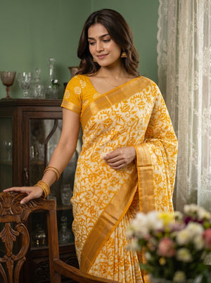 Soft Cotton Mustard Yellow Floral Vine Print Saree with Zari Border