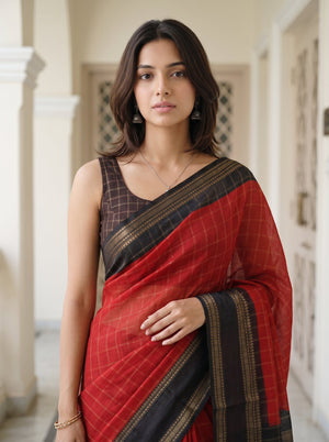 Synthetic Red Checked Saree with Black Golden Border