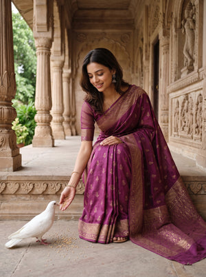 Banarasi Silk Plum Golden Zari Buti Motif Saree