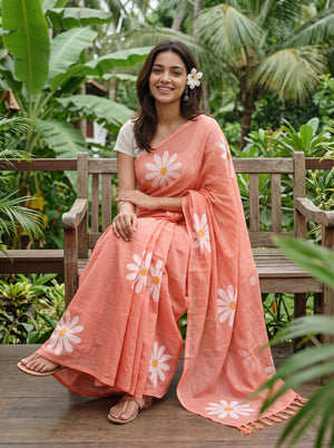 Cotton Peach Saree with White Daisy Flower Print