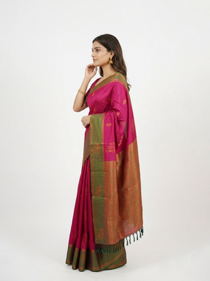 Semi Silk Deep Pink Butti Design Saree