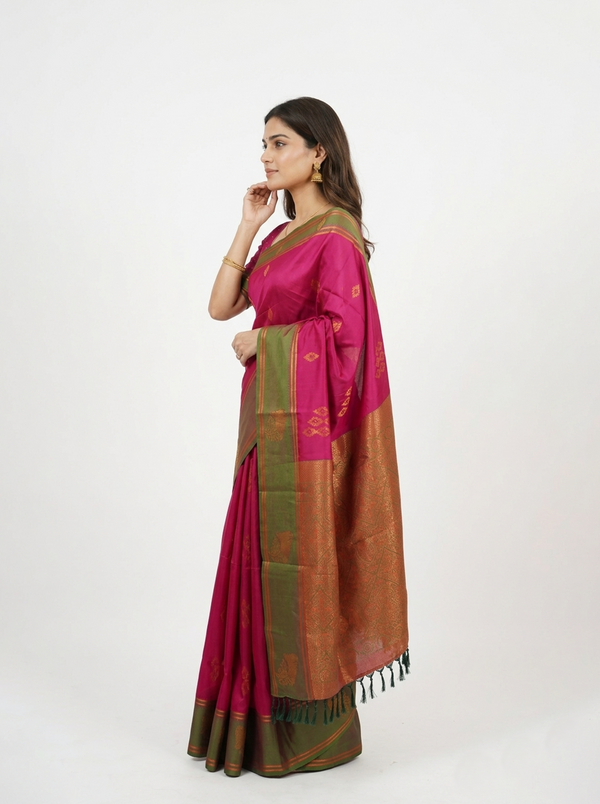 Semi Silk Deep Pink Butti Design Saree