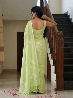 Cotton Light Green Saree with White Daisy Flower Print