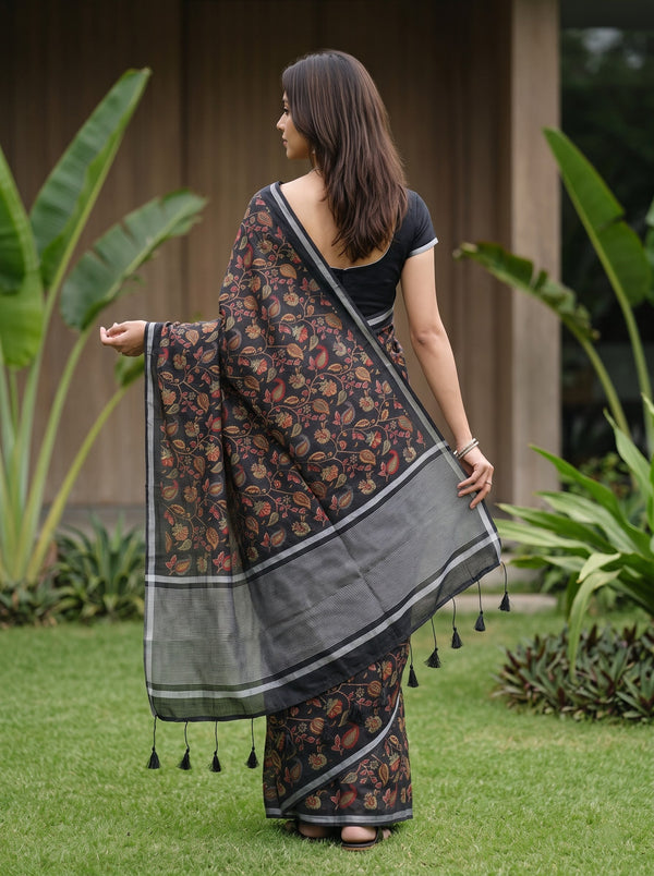 Linen Saree in Black with Kalamkari-Style Multicolor Floral Print
