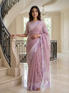 Organza Mauve Contrast White Floral Lace Border Saree