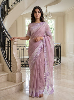 Organza Mauve Contrast White Floral Lace Border Saree