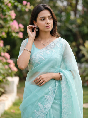 Organza Mint Floral Embroidery Stone Work Border Saree