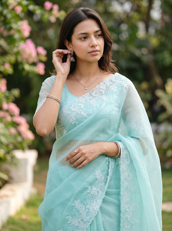 Organza Mint Floral Embroidery Stone Work Border Saree