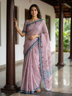 Cotton Mauve Teal Border Handloom Booti Saree with Tassels