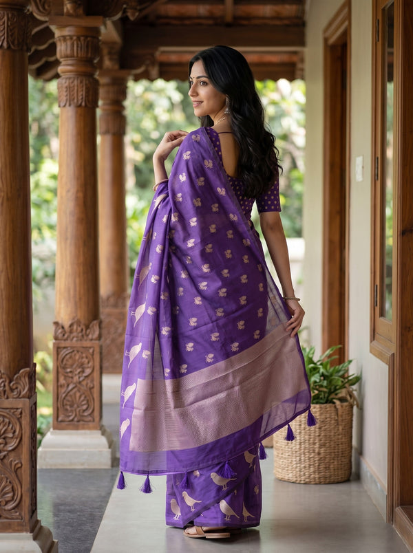 Cotton Silk Purple Saree with Golden Bird Motif Pallu